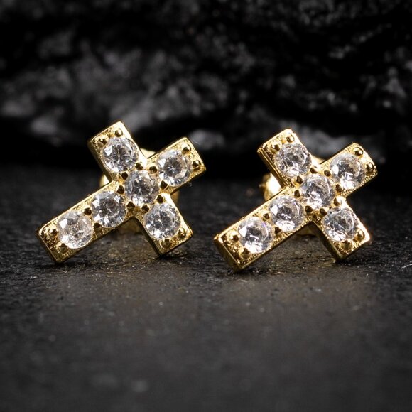 Yellow Gold Plated Sterling Silver Small Iced Cz Cross Stud Screw Back Earrings - Picture 1 of 5